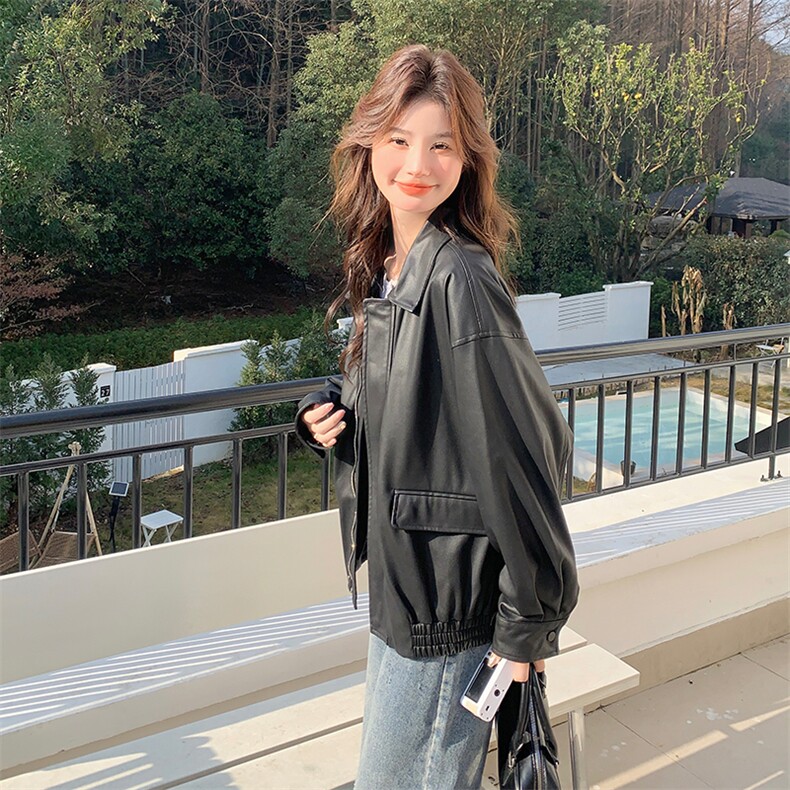 黑色美式复古PU皮衣外套女春秋2025新款爆款小个子高级感机车夹克,女装皮衣,浙宝285（原212）