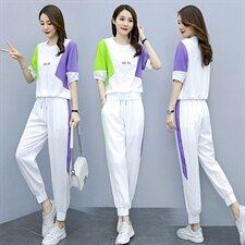 2021夏季新款简约时尚休闲气质圆领拼色舒适两件套，女装套装/套裙，秋水欣儿