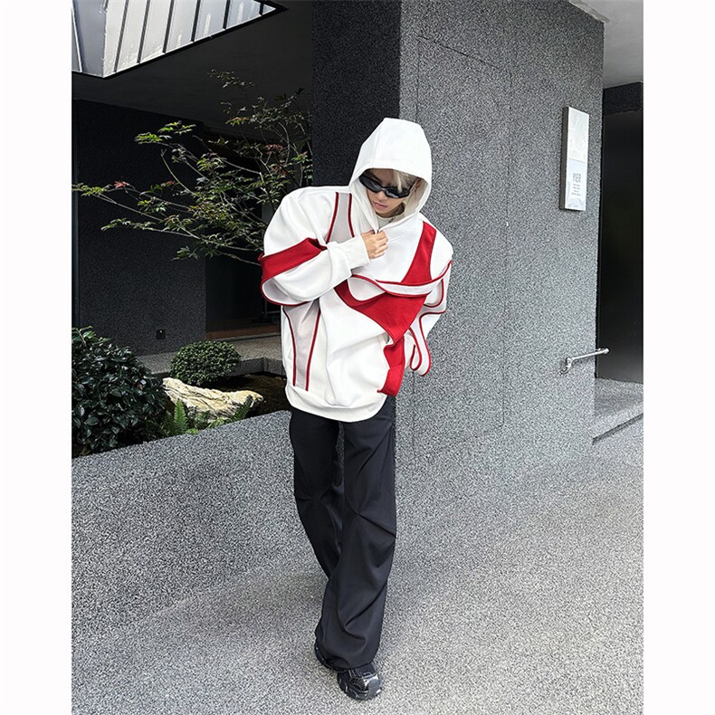 拼接撞色垫肩卫衣男连帽春秋款飘带解构设计感小众高级感痞帅外套,男装卫衣,电商B288