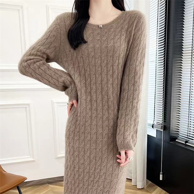 圆领扭花100%纯羊毛衫连衣裙女中长款针织衫毛衣裙宽松羊绒衫长裙,女装连衣裙,萱芳婷羊绒