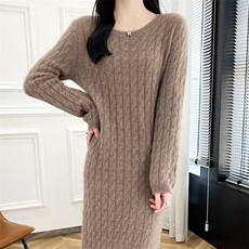 圆领扭花100%纯羊毛衫连衣裙女中长款针织衫毛衣裙宽松羊绒衫长裙，女装连衣裙，萱芳婷羊绒