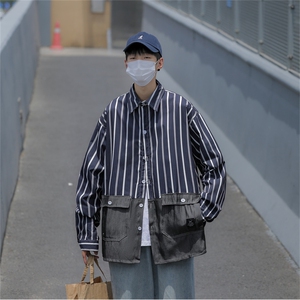 2024秋装新款做旧长袖衬衫男条纹宽松休闲衬衣多口袋 C208P45图片
