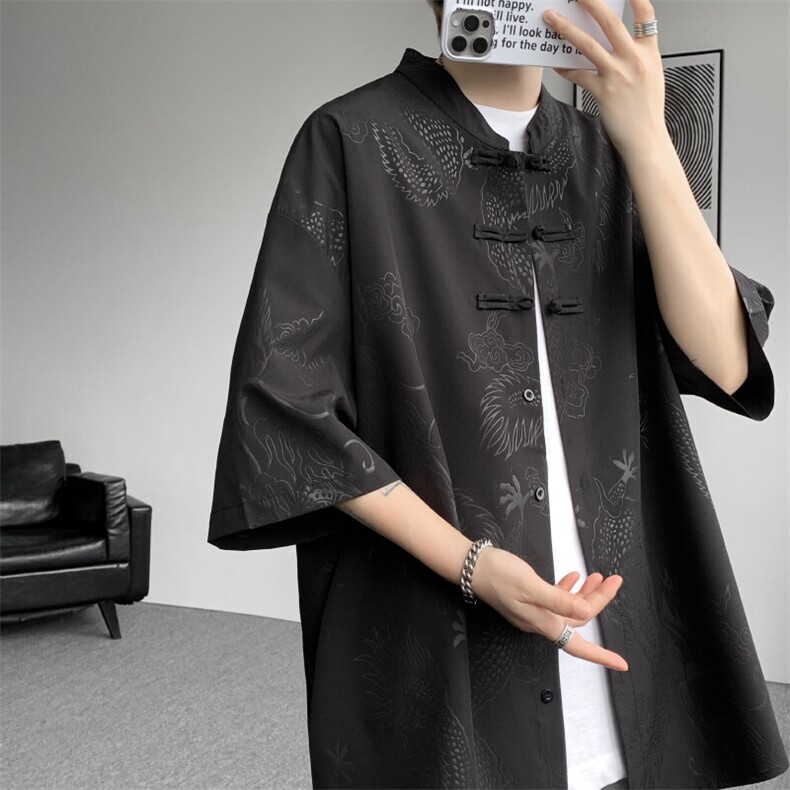 中式盘扣立领短袖衬衫冰丝唐装大码龙暗纹风男装DC1702特P38图片