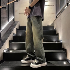 夏季破洞做旧牛仔裤子男女美式复古宽松百搭直筒裤高街痞帅阔腿裤，男装牛仔裤，星座601-2