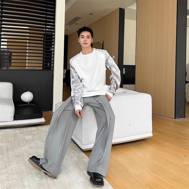 秋季韩版银色缎面褶皱袖设计圆领套头男卫衣痞帅休闲T恤171P85，男装卫衣，星座901-1（原C217）