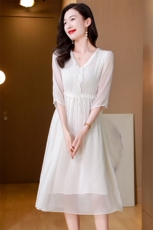 纯色高端真丝连衣裙2025新款女高级感年轻妈妈夏装桑蚕丝气质长裙，女装连衣裙，阿舍尔精品