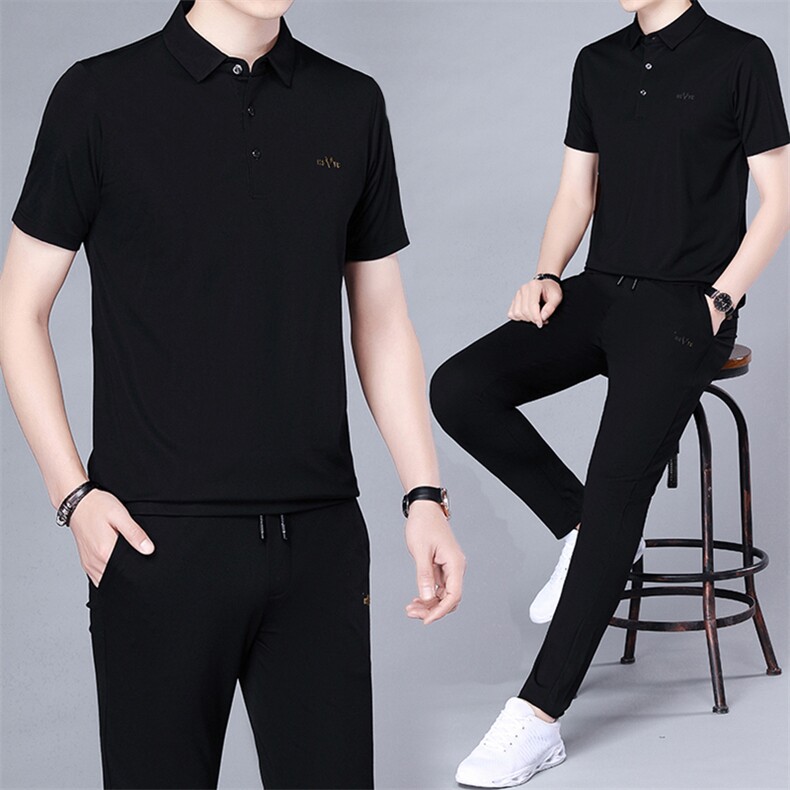休闲运动套装男夏季新款上衣方领短袖t恤休闲长裤子两件套，男装休闲套装，电商B212（原钱塘6029）