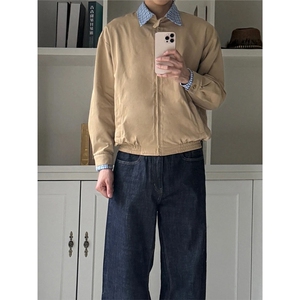 卡其色假两件哈灵顿夹克外套男款早秋美式复古cleanfit学院风穿搭图片