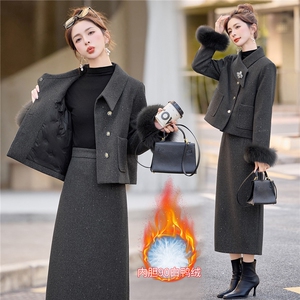 现货小香风羽绒服套装女高级感2025新款千金套装裙两件套冬季图片