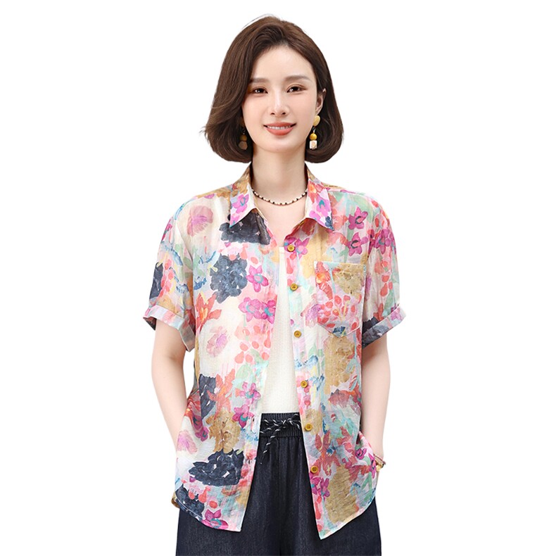 叶笙衣2552衬衫领短袖印花上衣,女装衬衫,叶笙衣