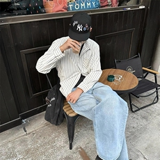 美式潮牌高街复古泡泡纱竖条纹日系肌理长袖衬衫男女休闲宽松衬衣，男装衬衫，电商A443