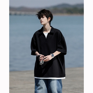 8XL-M假两件V领短袖t恤男夏翻领半袖宽松重磅华夫格大码DT001P40图片