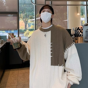 撞色毛衣男生秋冬季潮牌宽松休闲慵懒风设计感小众套头针织衫图片