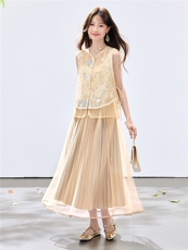 夏季新款现货！2026新中式重工洋气百搭款马甲+百褶半裙两件套女，女装套装/套裙，央宝儿