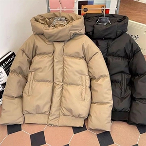 现货5W件冬季三防重磅boxy短款羽绒连帽PU皮棉衣外套防风加厚棉服图片