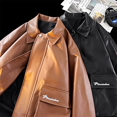 秋季工装刺绣皮夹克男翻领皮衣青年外套潮流A266-PY007-P65，男装皮衣，电商A266