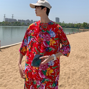 A340男士休闲大花透气凉爽风T恤七分袖春夏新大妈套头衫团队图片