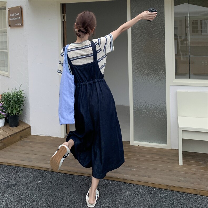 深蓝色复古牛仔背带裤女2025年夏季新款韩系慵懒风宽松显瘦连衣裤,女装套装/套裙,2C053