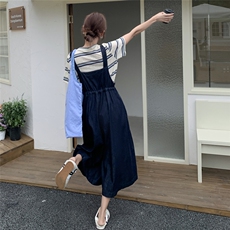深蓝色复古牛仔背带裤女2025年夏季新款韩系慵懒风宽松显瘦连衣裤，女装套装/套裙，2C053