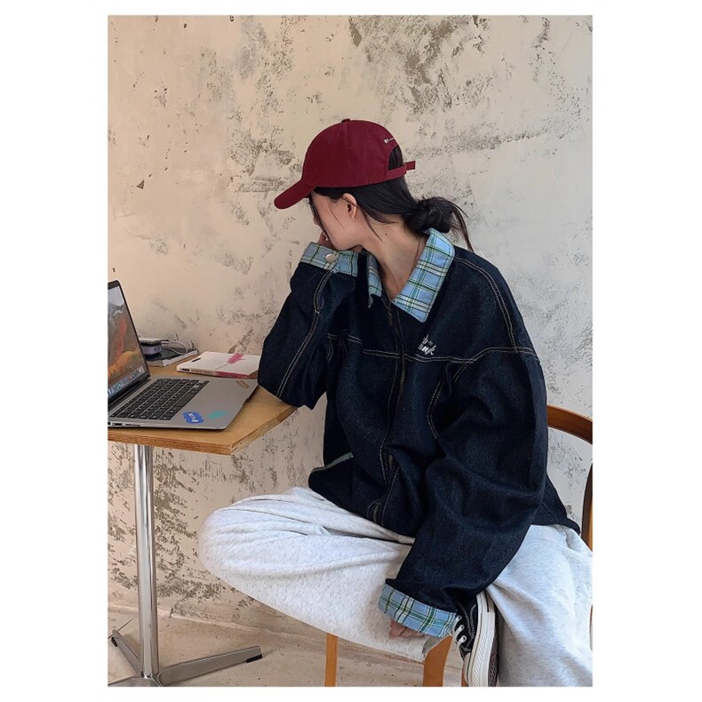 美式复古撞色格纹夹克牛仔外套男秋季新款宽松百搭休闲高级感上衣,男装工装外套,星座1210-1