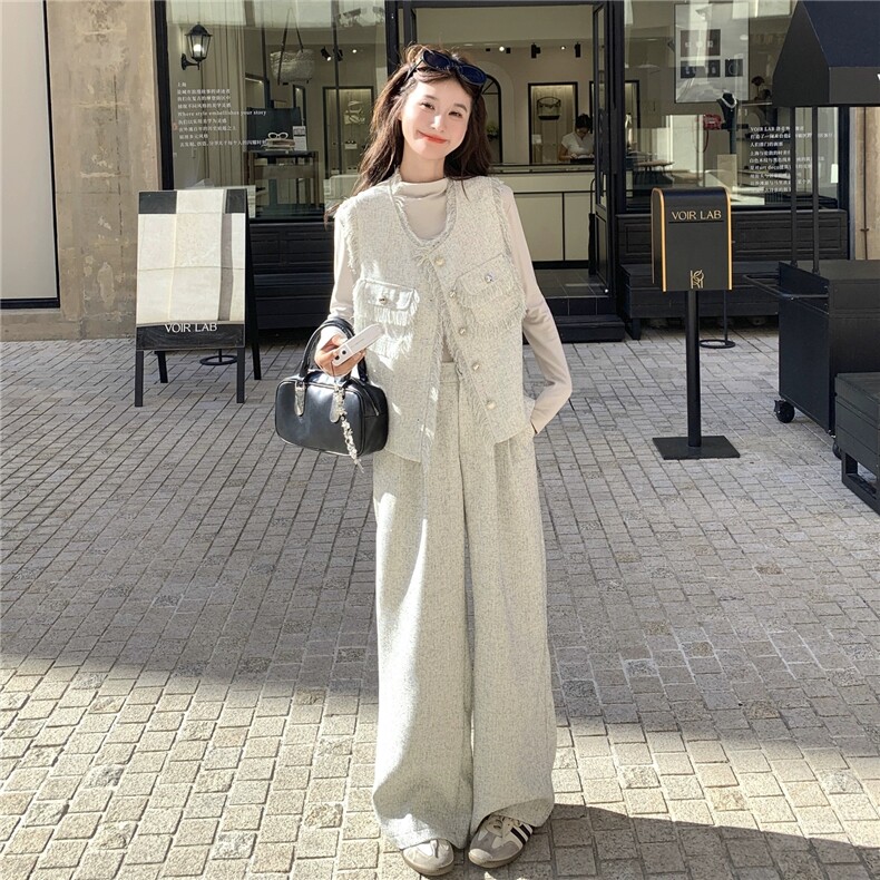 气质小香千金风套装流苏马甲内搭阔腿裤三件套秋，女装套装/套裙，浙宝B116