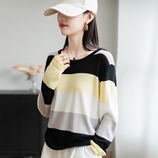 韩版撞色条纹长袖T恤衫女2025新款竹节麻拼色松弛感薄款慵懒上衣，女装针织衫/毛衣，菲奥羊绒