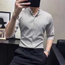 现货2025年大码条纹七分袖衬衫男短袖修身夏季中袖衬衣CS53-P45，男装T恤，电商B413