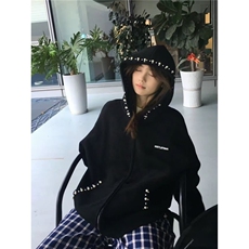 美式复古珍珠设计感连帽短款卫衣男女秋运动服休闲上衣潮网图，男装卫衣，星座410-6（原星座1304-1）