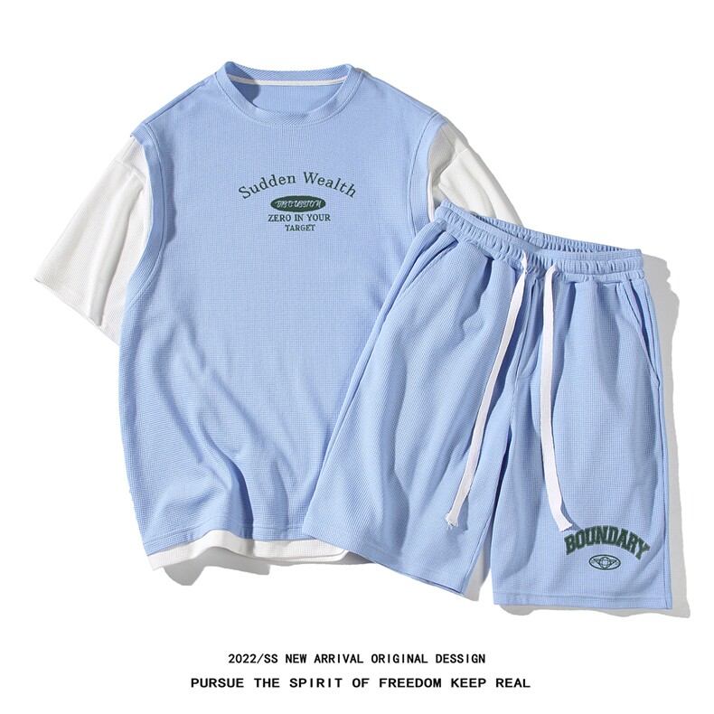 白底23新款夏季时尚印花短袖T恤百搭宽松短裤套装TZ627P75控98,男装牛仔裤,电商A247-1