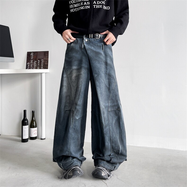港风春款男牛仔裤重工渐变色弯刀褶皱阔腿长裤nk940P68,男装牛仔裤,星座1013-1