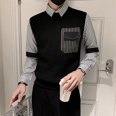 假两件毛衣男士条纹衬衫领打底口袋设计针织衫秋冬季男线衣Q141，男装针织衫/毛衣，星座1116A-2（原606A-1）