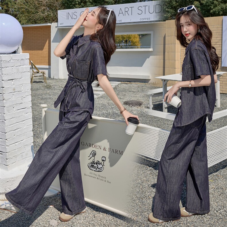 牛仔套装阔腿裤两件套春夏装女2025年新款时尚一整套穿搭显高显瘦,女装套装/套裙,江南女神
