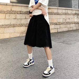 ins嘻哈复古夏五分裤毛边牛仔裤宽松直筒短裤男女裤子RK2850-P34图片