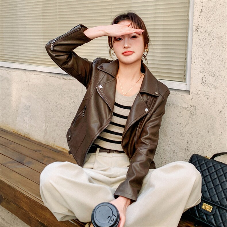 美拉德咖色短款小皮衣外套女春秋2025年新款高级感超好看复古夹克,女装皮衣,莘蕾