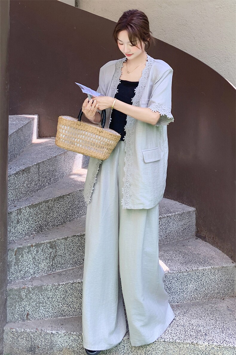 韩系蕾丝花边拼接短袖外套阔腿裤两件套女夏季新款时尚休闲套装潮,女装套装/套裙,2C255