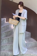 韩系蕾丝花边拼接短袖外套阔腿裤两件套女夏季新款时尚休闲套装潮，女装套装/套裙，2C255