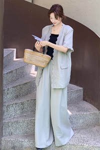 韩系蕾丝花边拼接短袖外套阔腿裤两件套女夏季新款时尚休闲套装潮图片