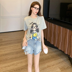 简约个性休闲时尚套装女夏季新款圆领短袖印花上衣牛仔短裤两件套，女装套装/套裙，江南