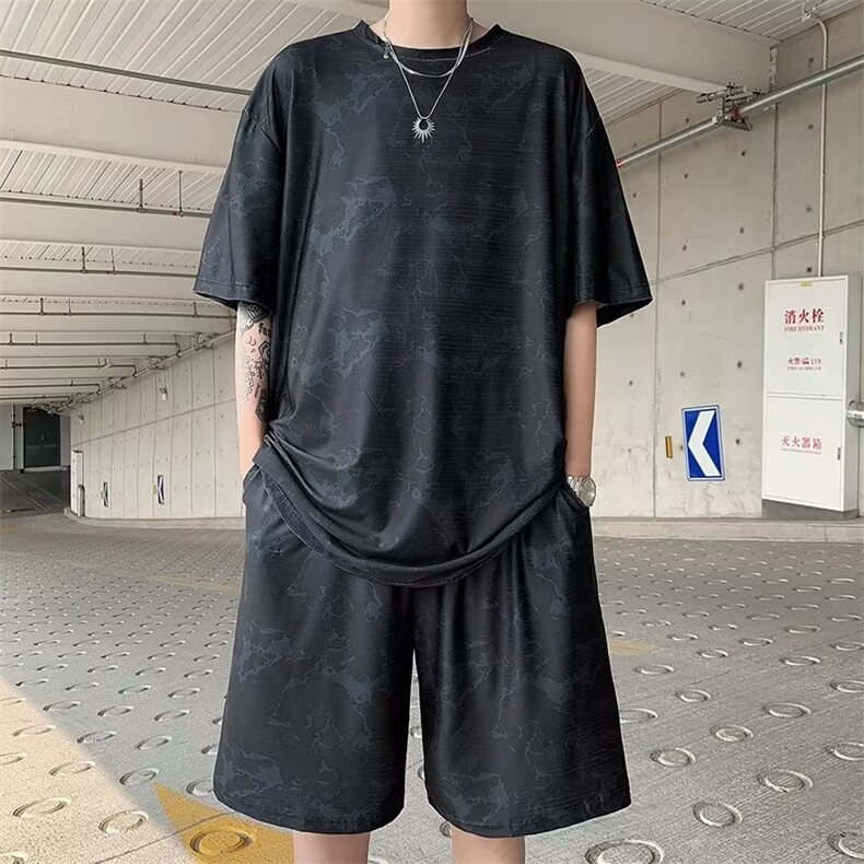 冰丝蝴蝶网大码黑色套装潮夏季加肥加大胖子肥佬透气速干TZ107,男装休闲套装,星座601-2