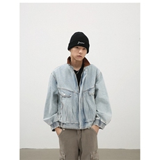 复古撞色浅蓝工装牛仔外套男春秋季宽松潮流翻领夹克NY180，男装工装外套，星座601-1