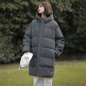 侧边条纹连帽中长款棉衣男宽松潮流冬季加厚御寒保暖棉服大衣外套图片