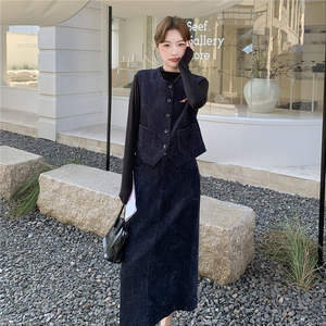 一整套穿搭复古牛仔马甲打底衫半身裙套装女春秋ootd三件套松弛感图片