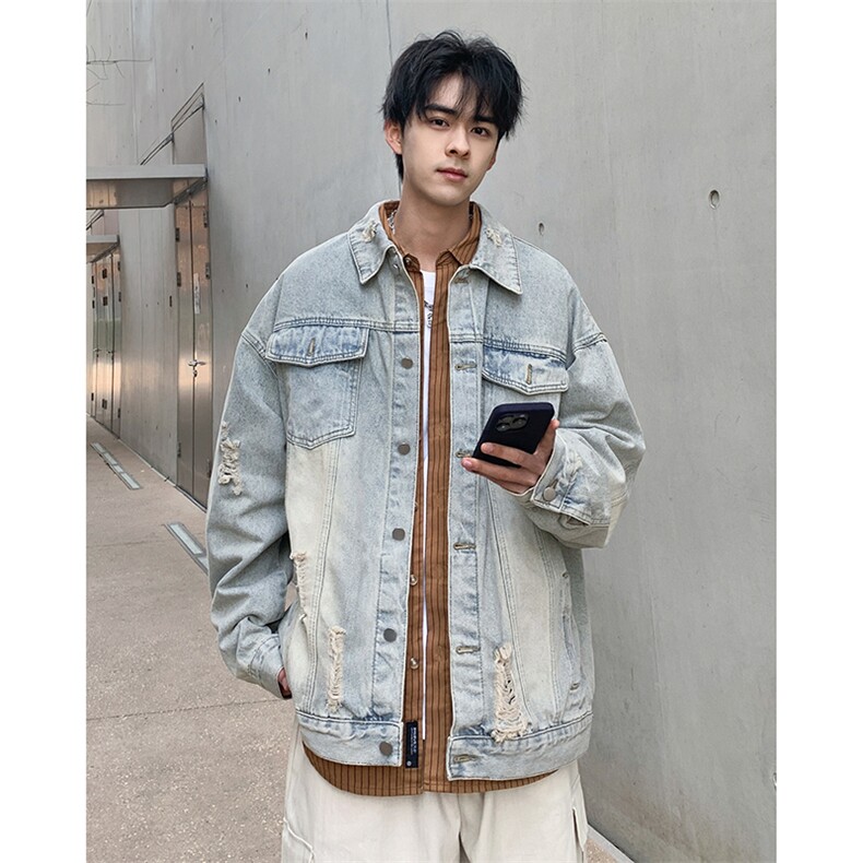 水洗做旧牛仔夹克男2024春季新款款潮流破洞美式复古痞帅休闲外套,男装夹克,星座410-6（原星座1304-1）