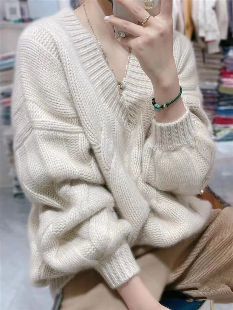 女士秋季新款简约百搭重磅V领泡泡袖套头衫,针织衫/毛衣,悦玛羊绒