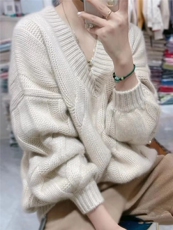 女士秋季新款简约百搭重磅V领泡泡袖套头衫，女装针织衫/毛衣，悦玛羊绒