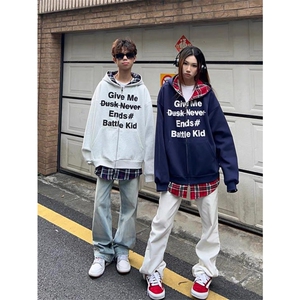 网图有货 美式复古假两件格子拼接连帽开衫卫衣男女 A840-P50图片
