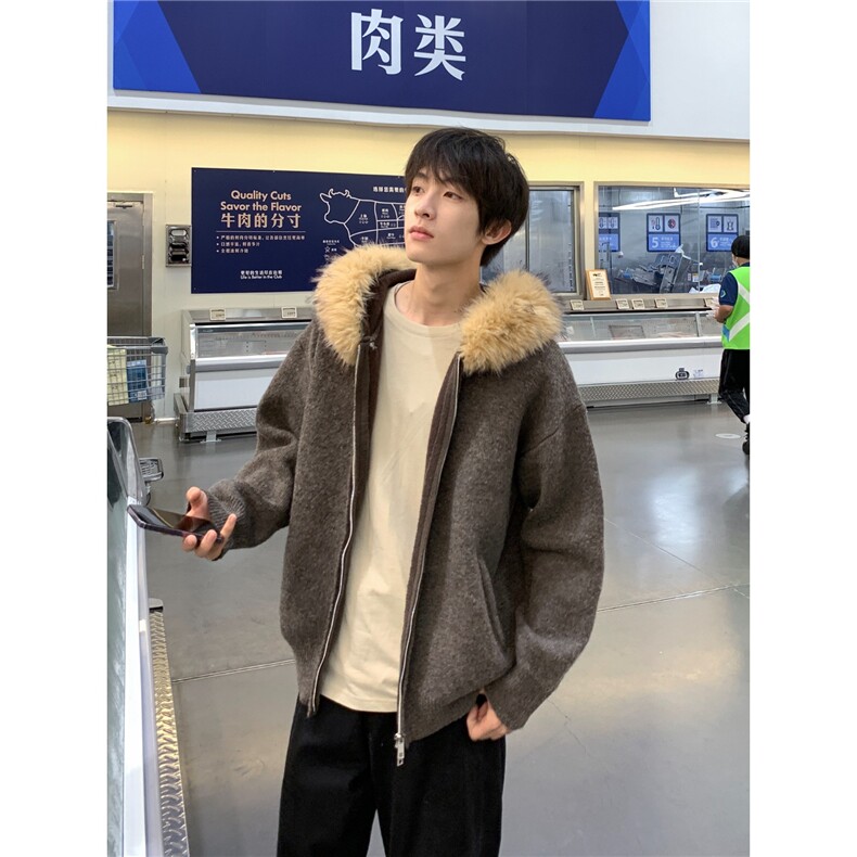 美式复古毛领连帽开衫毛衣男冬季高级感针织衫外套,男装针织衫/毛衣,四季星座505