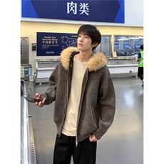 美式复古毛领连帽开衫毛衣男冬季高级感针织衫外套，男装针织衫/毛衣，四季星座505