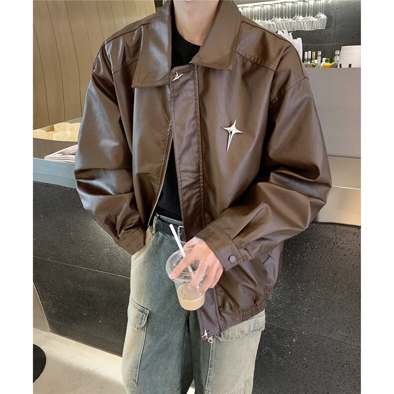 港风美式复古四芒星纽扣可拆卸胸针PU皮衣夹克男JK77771P85控118，男装皮衣，星座226-2