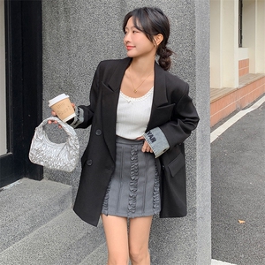 高级感牛仔拼接西装外套女2025春季新款设计感双排扣宽松百搭西服图片